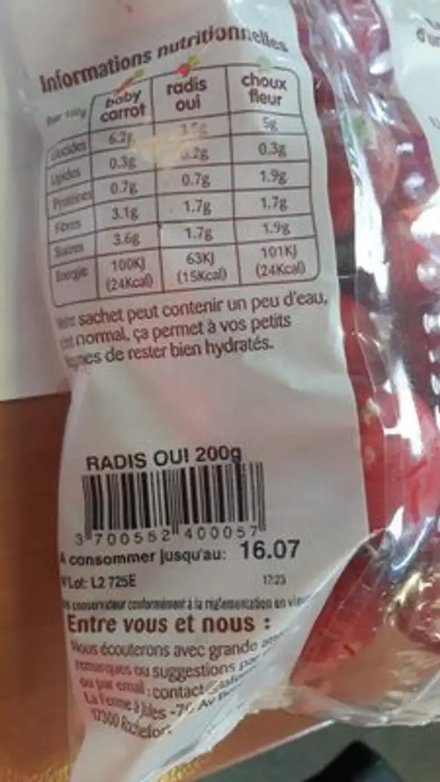 Radis ingredients label