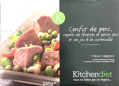 Confit de porc, ragoût de févettes et petits pois et son jus à la citronnelle