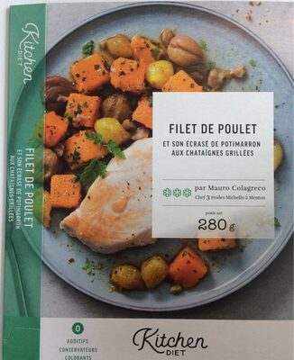 Filet de poulet et son écrasé de potimarron aux chataîgnes grillées.