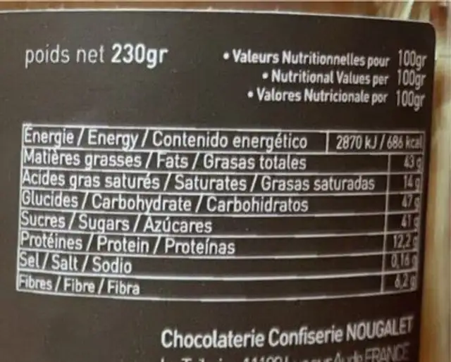 Pâte à tartiner nutrition facts table