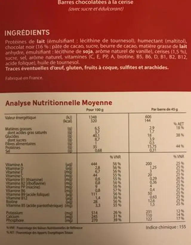 Insudiet Barre Cerise ingredients label