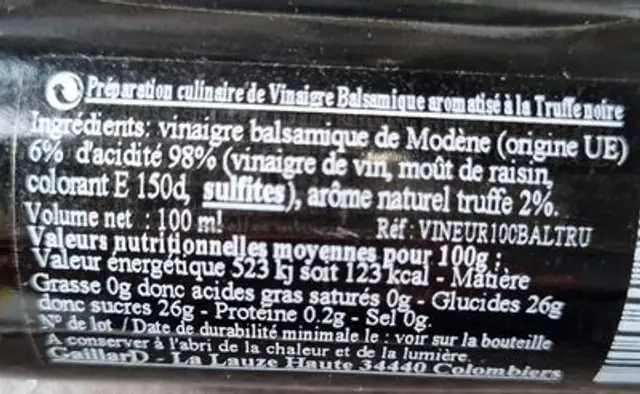 Vinaigre balsamique à la truffe nutrition facts table
