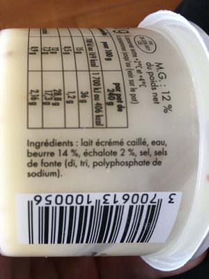 Cancoillotte Échalote ingredients label