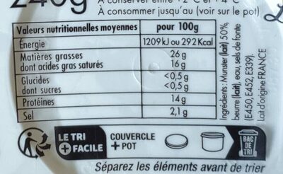 Crème de munster nutrition facts table