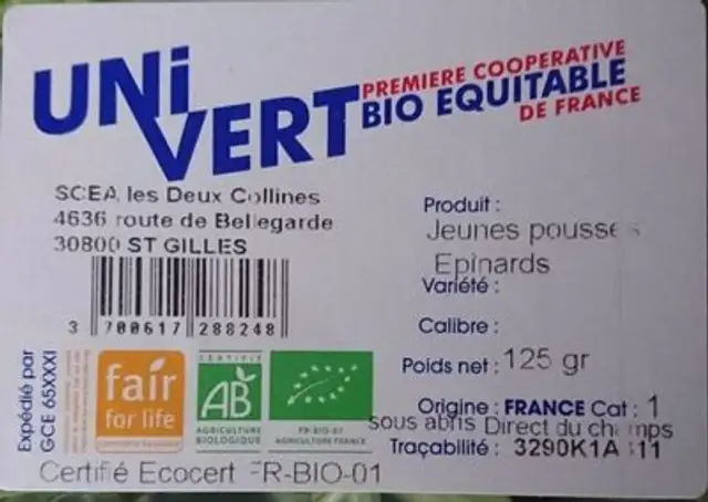 Jeunes pousses épinards ingredients label