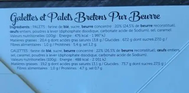 Galettes Ty Delices nutrition facts table
