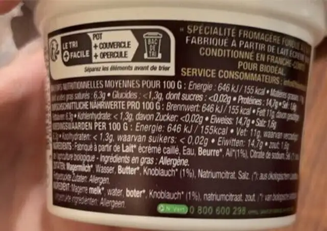 Cancoillotte IGP bio ail nutrition facts table