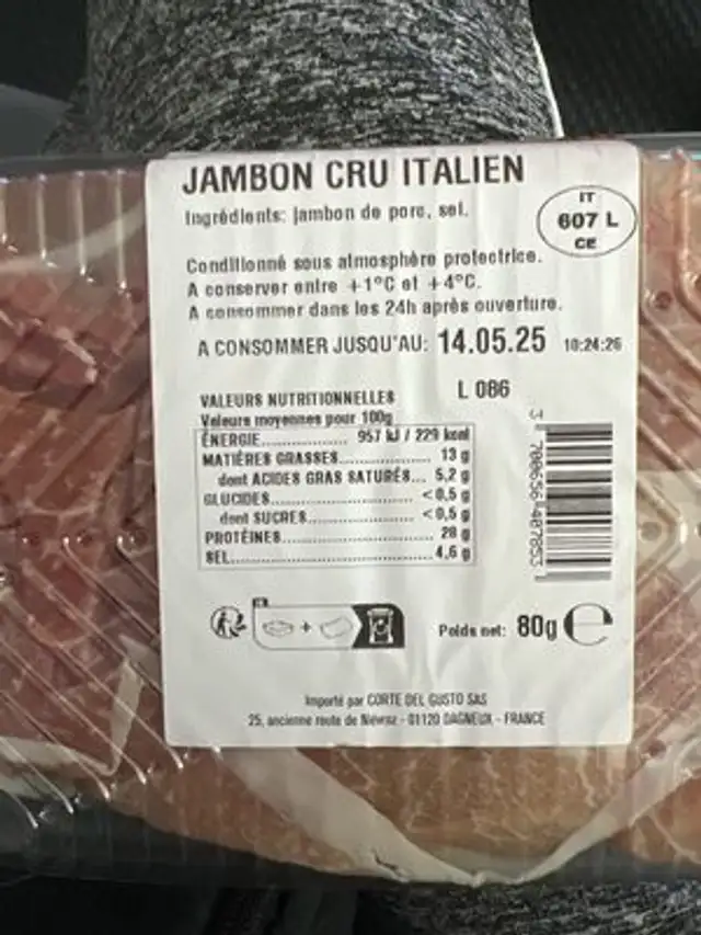 Jambon cru italien chiffonnade ingredients label