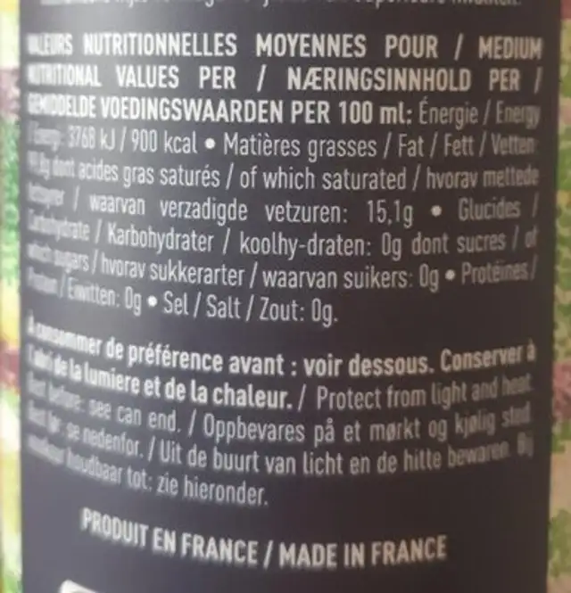 Huile d'olive vierge nutrition facts table