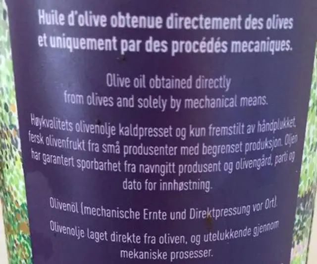 Huile d'olive vierge ingredients label