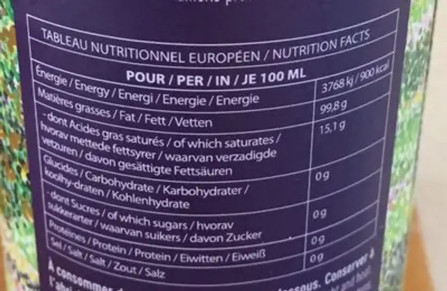 Huile d'olive vierge nutrition facts table