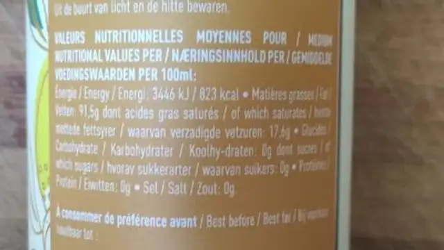 Huile d'olive citron nutrition facts table