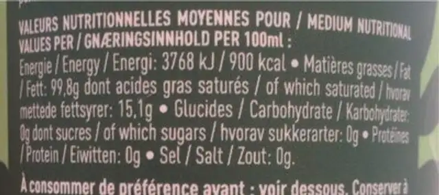 Huile d’olive vierge extra nutrition facts table