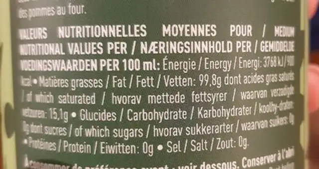 Huile d’olive nutrition facts table