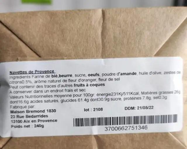 Navette à la fleur d'oranger nutrition facts table