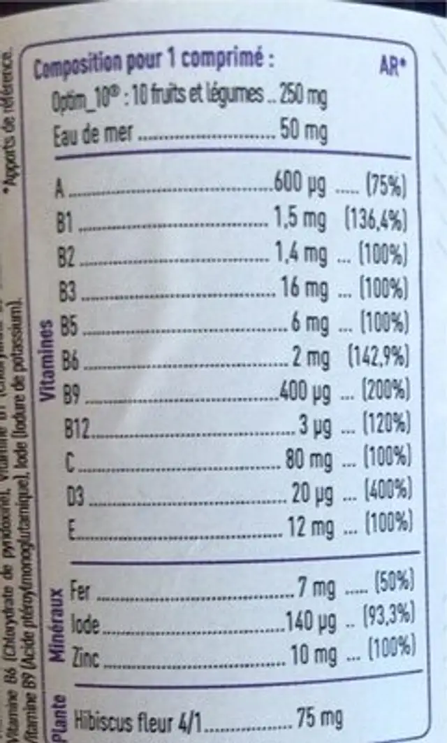 Multi Natalite nutrition facts table