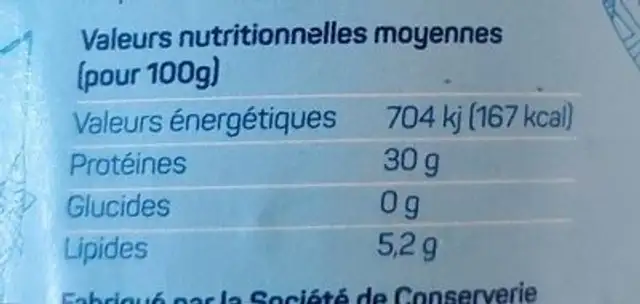 Miettes de thon 100% Calédonien au naturel nutrition facts table