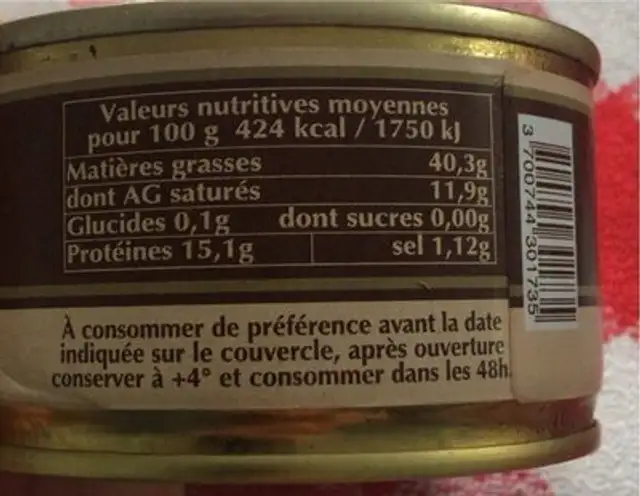 Rillettes landauses pur canard nutrition facts table