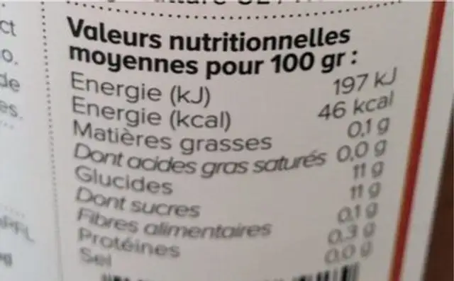 Puree de fruits artisanal nutrition facts table