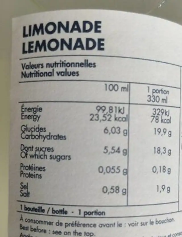 Coquillettes oui maman lemonade citron nutrition facts table