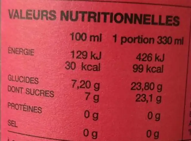 TACT! COLA BIO nutrition facts table
