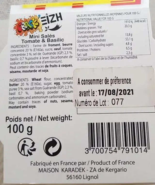 Mini salés tomate & basilic - CRACK EIZH nutrition facts table