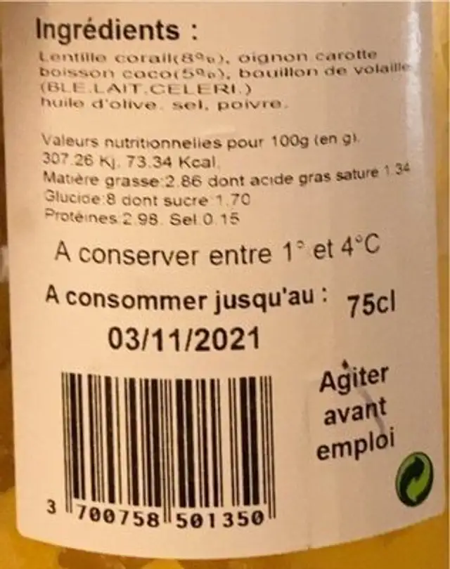 Soupe fraiche nutrition facts table