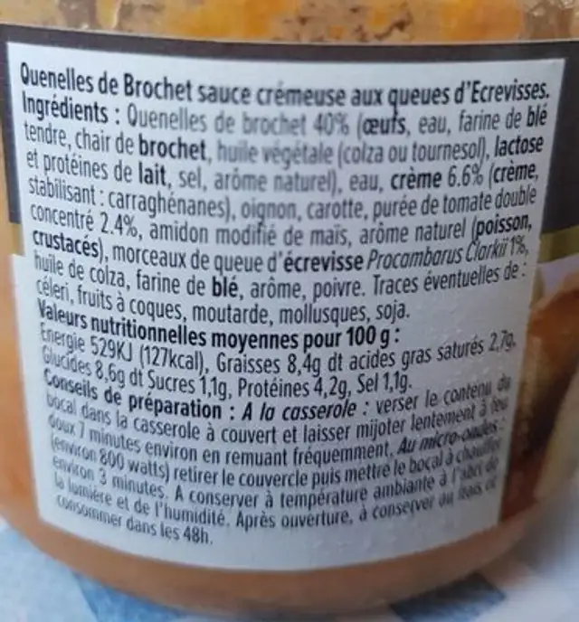 Quenelles de brochet nutrition facts table