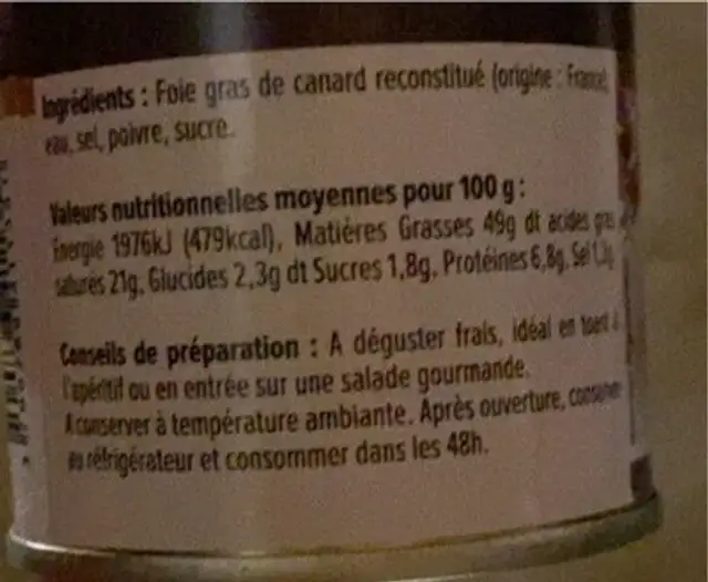 Foie gras de canard nutrition facts table