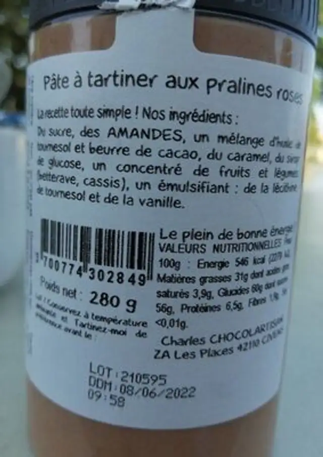 Pâte à tartiner nutrition facts table