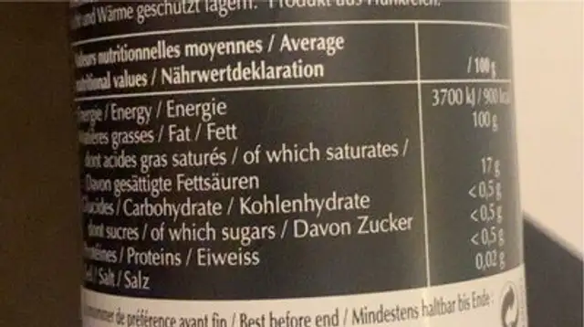 Huile d’olive nutrition facts table