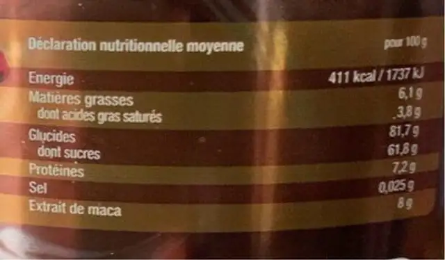 MacaChoco nutrition facts table