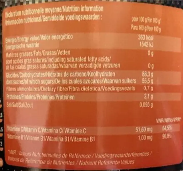 Boisson Hydrogel nutrition facts table