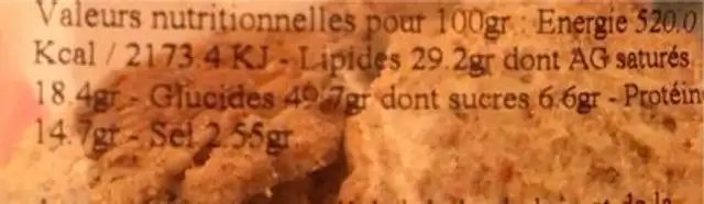 Sablés aperitifs nutrition facts table