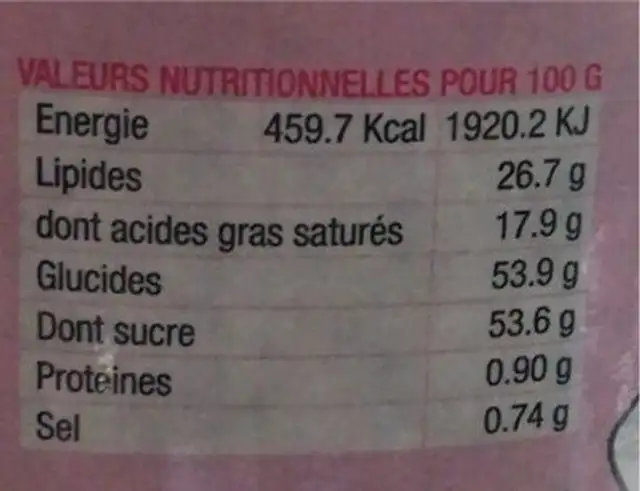 Le caramel de Noirmoutier nutrition facts table