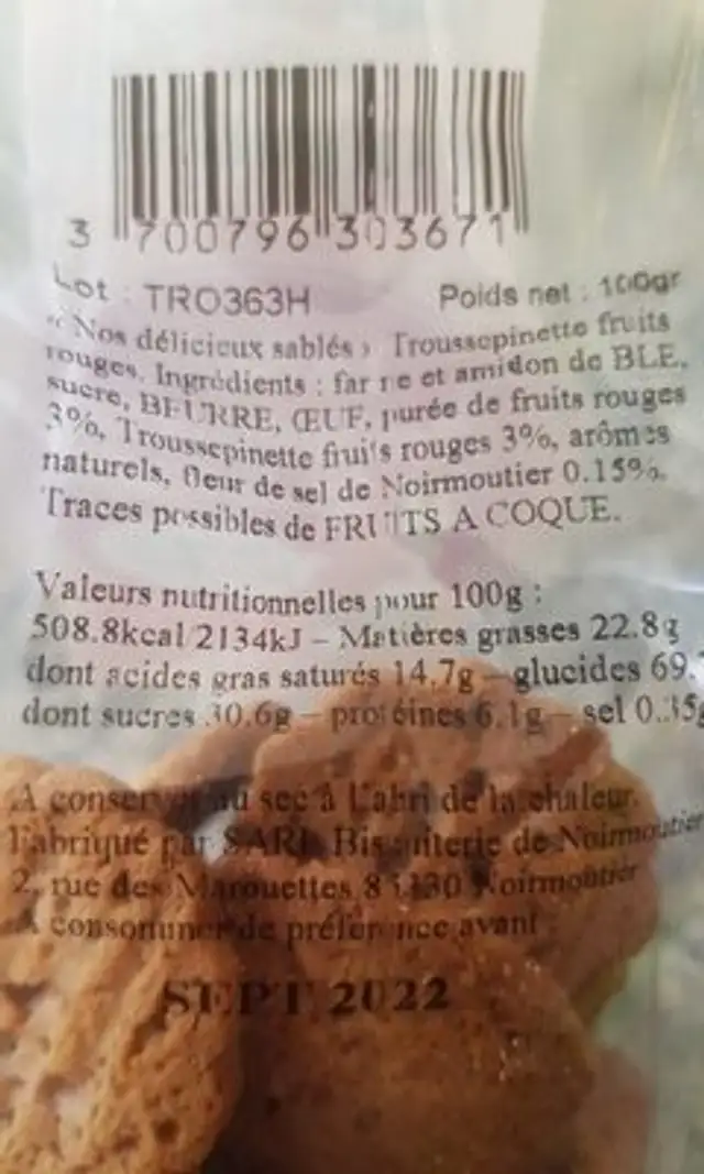 Le sablé trouspinette fruits rouges nutrition facts table