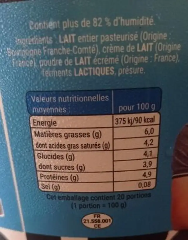 Fromage blanc nutrition facts table