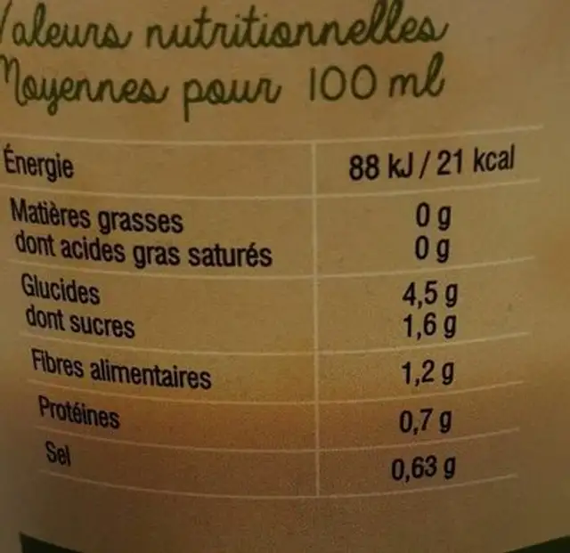 Soupe 5 légumes nutrition facts table