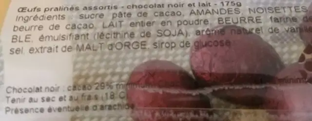 Oeufs pralinés assortis  ingredients label