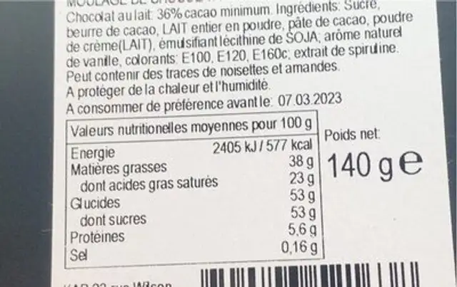 Coffret doubles manettes 140g moukage de chocolat au lait nutrition facts table