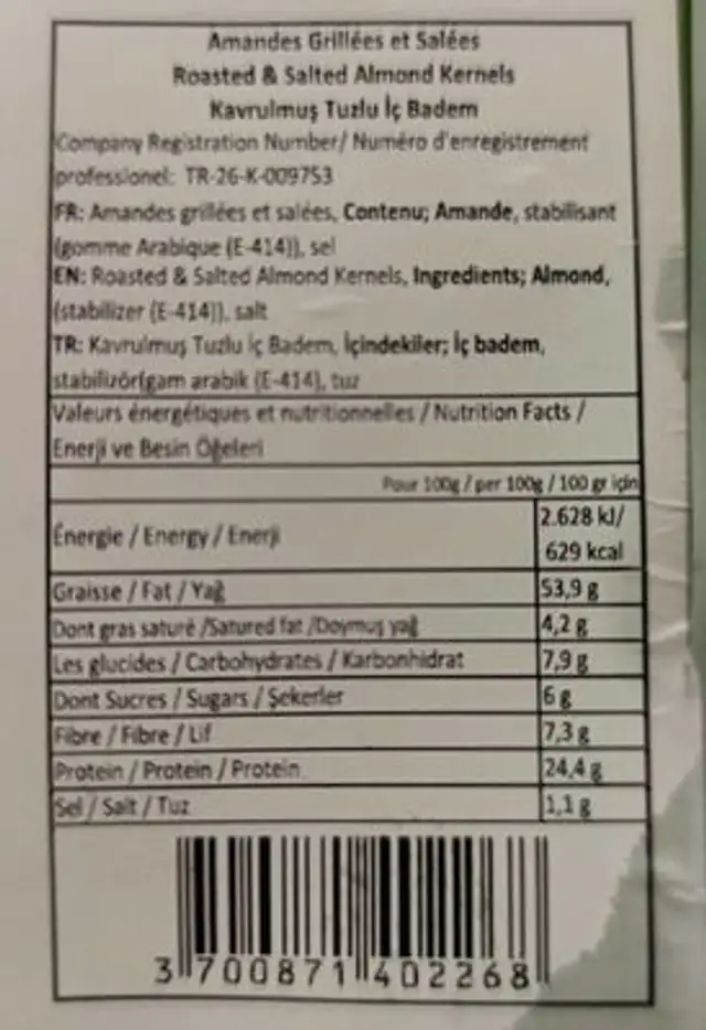 Amandes grillées et salées nutrition facts table