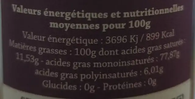 Huile d'olive vierge extra nutrition facts table