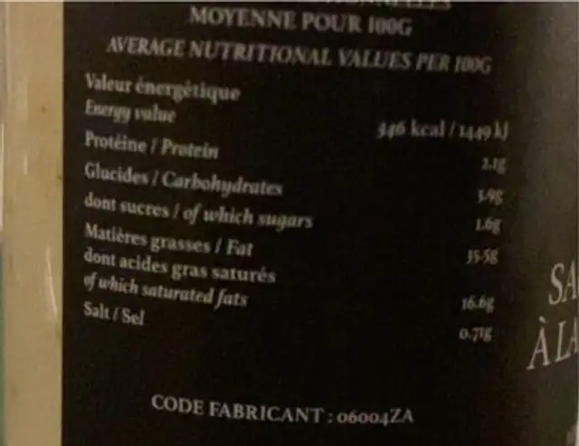 Sauce blanche à la truffe d’été nutrition facts table