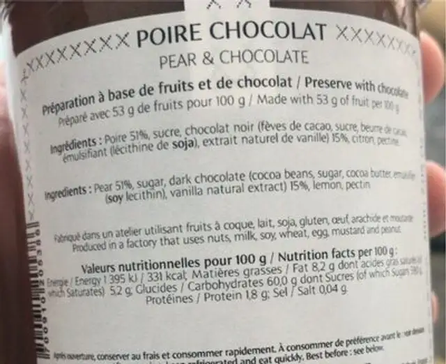 Poire chocolat nutrition facts table