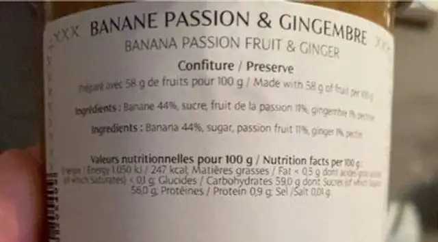 Banane passion et gingembre nutrition facts table
