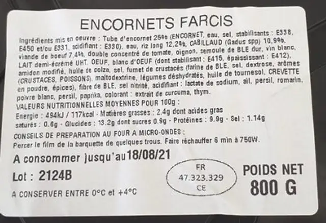 Encornets farcis nutrition facts table