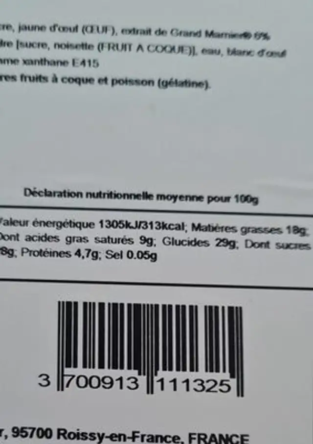 Soufflé glacé à l'extrait d'orange et de cognac nutrition facts table