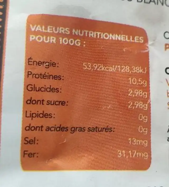 Bissap blanc nutrition facts table
