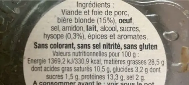 Terrine a la biere de Savoie et Hysope nutrition facts table