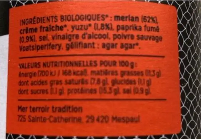 Rillettes de merlan nutrition facts table